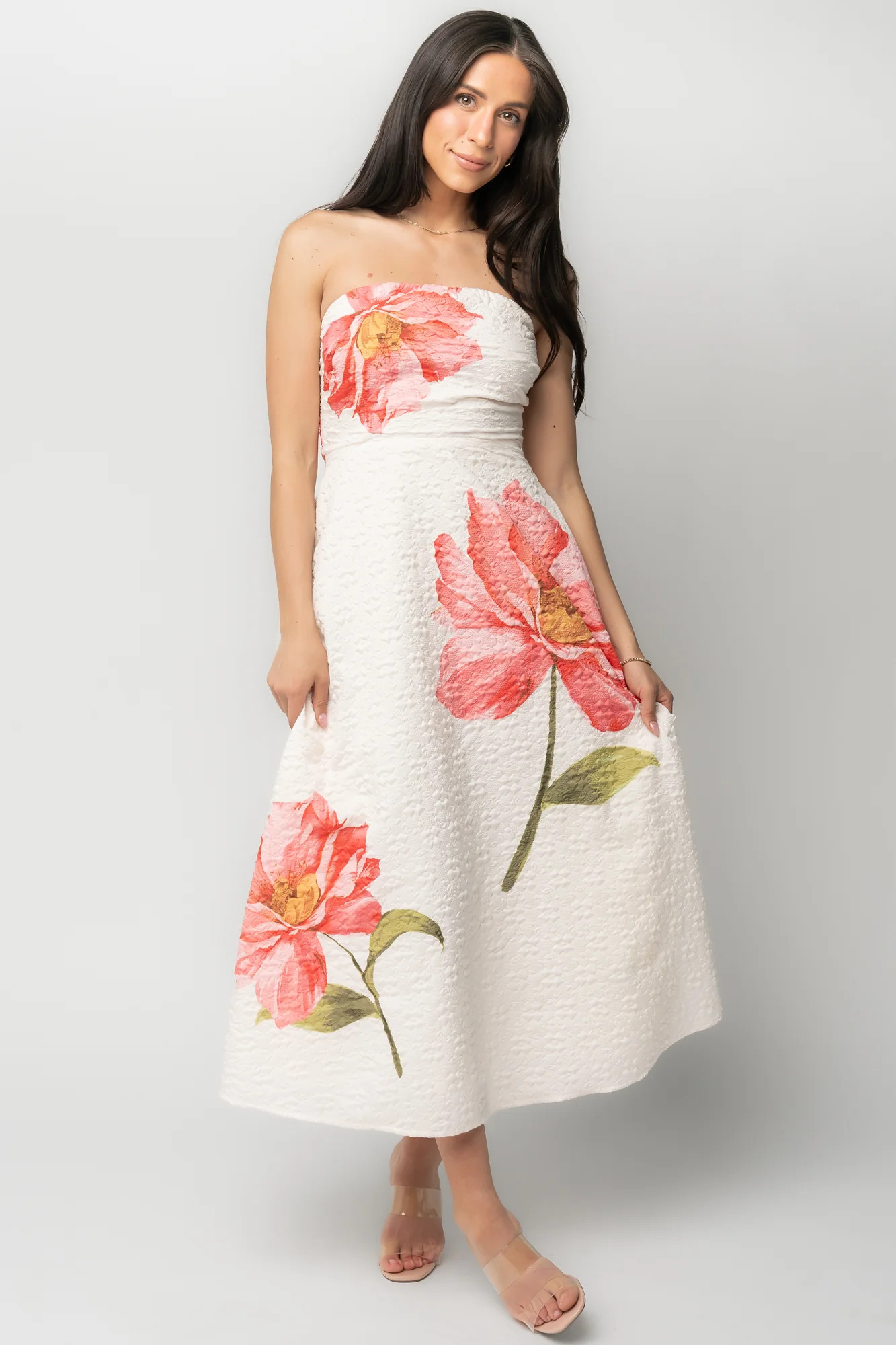 Genesis Strapless Midi Dress | White + Pink Floral | Baltic Born