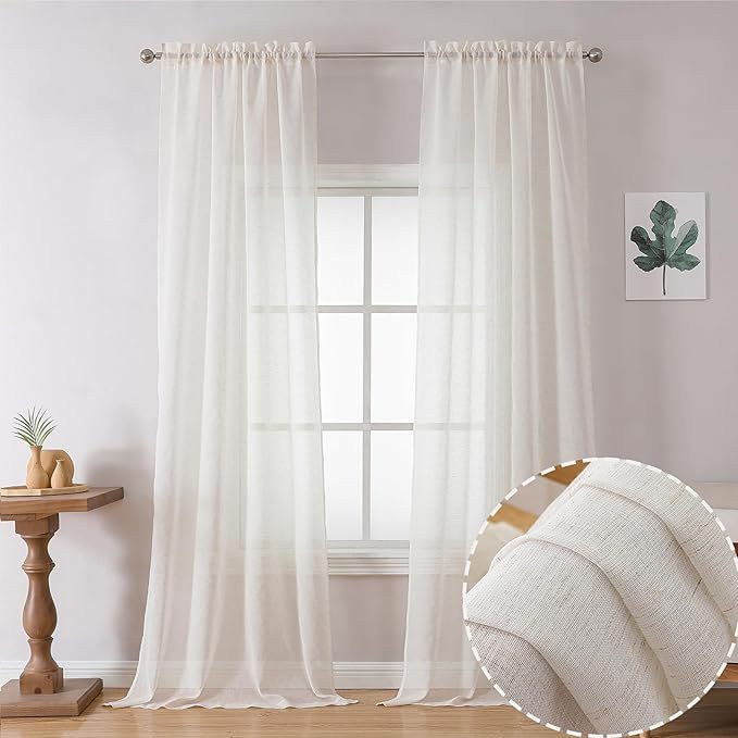 OWENIE Linen Semi Sheer Curtains 96 inch Long 2 Panels Set for Bedroom/Living Room, Natural Sheer... | Amazon (US)