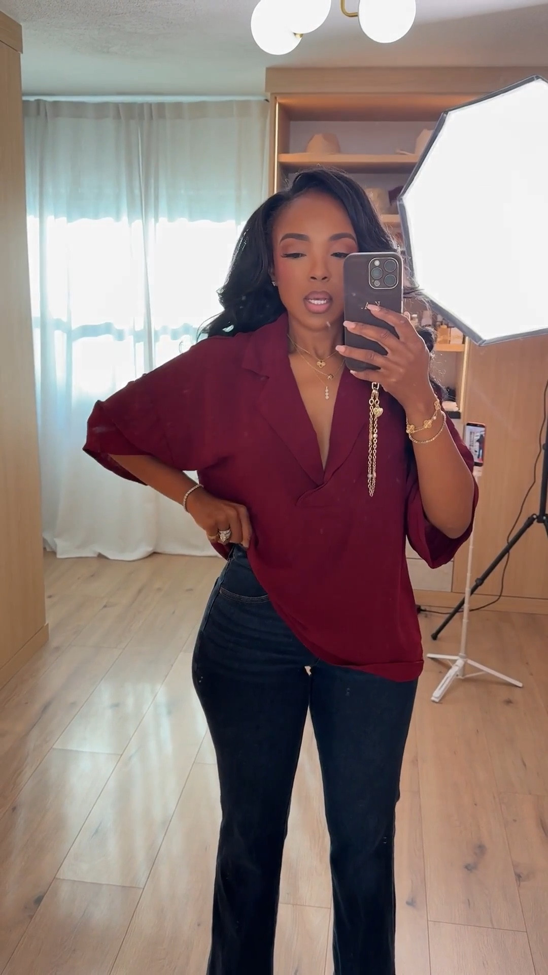 Scroll to shop!! 🤍 Everyday look featuring a flowy burgundy blouse paired with dark wash flare denim would be perfect for casual office days, dinner plans, weekend outings, or an easy elevated everyday outfit.