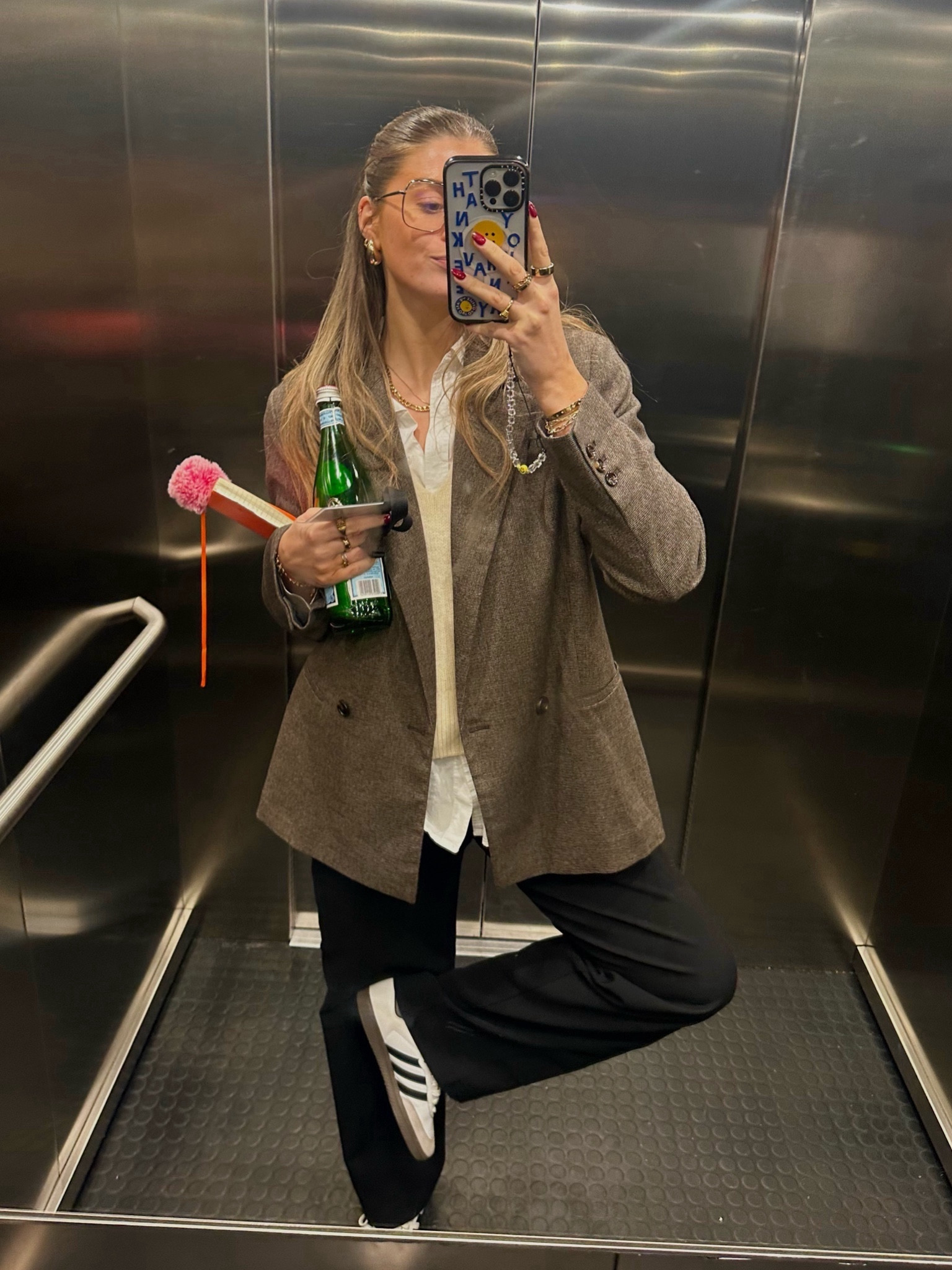 THE BEST BLAZER EVER. Chocolate brown houndstooth blazer, knit cream sweater vest, white shirt, black tailored trousers, white sambas 

#LTKSeasonal #LTKworkwear #LTKstyletip