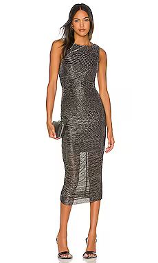 Line & Dot Olivia Pleated Mesh Midi Dress in Black & Silver from Revolve.com | Revolve Clothing (Global)