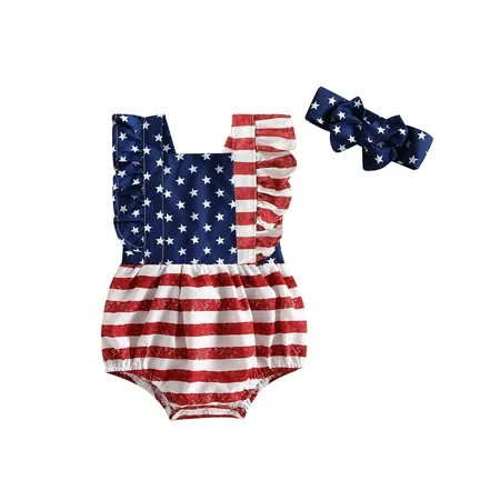 Hirigin My First 4th of July Baby Girl Outfits American Flag Romper Sleeveless Backless Ruffle Bodysuit Headband Clothes Set | Walmart (US)