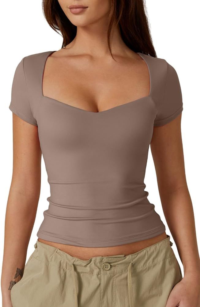 QINSEN Womens Sweetheart Neck Short Sleeve T Shirts Slim Fit Basic Tee Trendy Crop Top | Amazon (US)