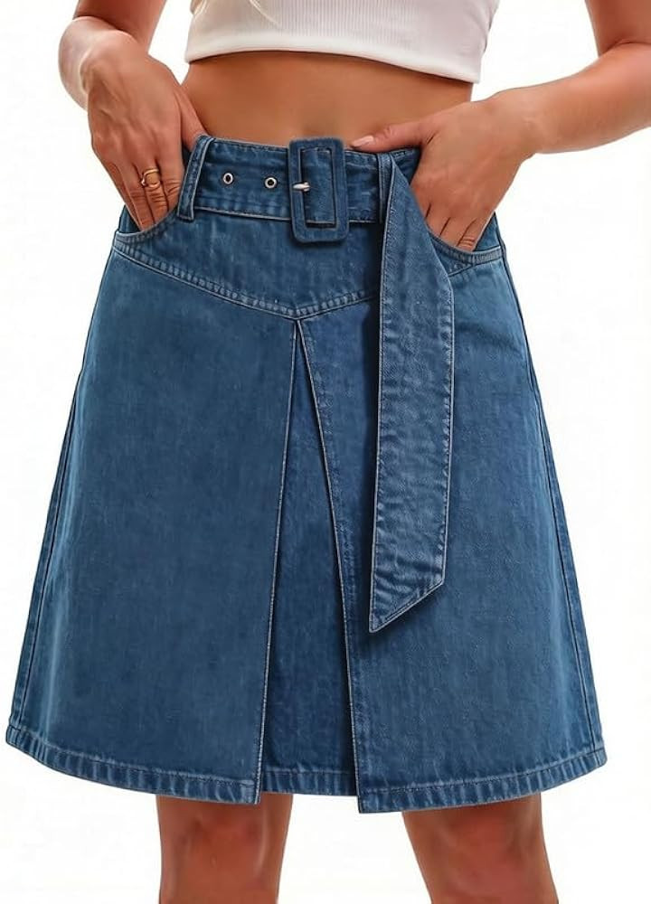CHARTOU Women's Summer High Waisted Belted Denim Skirt Casual Knee Length A-Line Midi Jean Skirt ... | Amazon (US)