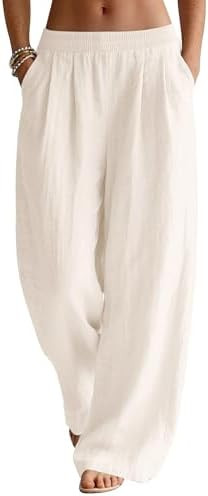 LOMON Linen Pants Women Wide Leg Palazzo Summer Flowy Pants Beach Vacation Clothes Elastic Waist ... | Amazon (US)