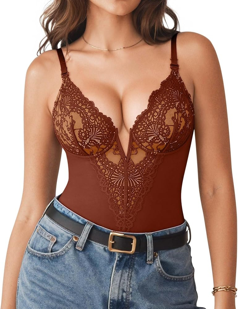 Popilush Shapewear Bodysuits for Women Lace Corset Tops Tummy Control V Neck Sleeveless Body Suit... | Amazon (US)