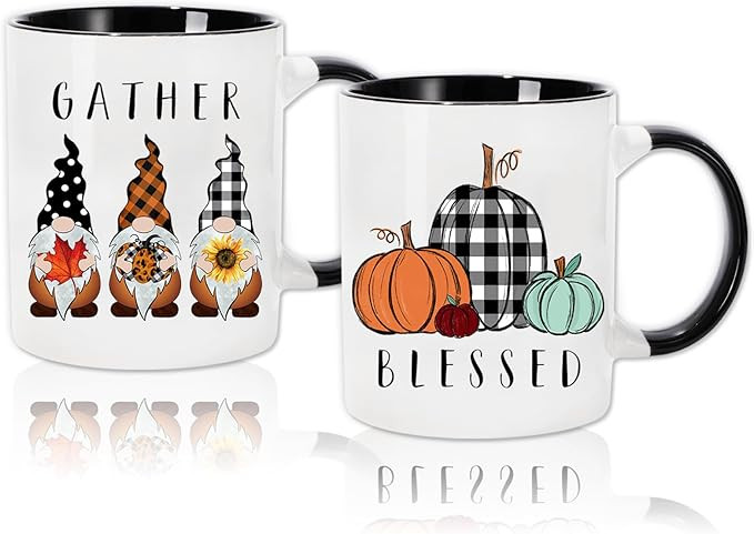 Whaline 2 Pack Fall Mugs 12oz Plaid Pumpkin Gnome Coffee Mug Autumn Season Ceramic Mugs Fall Part... | Amazon (US)