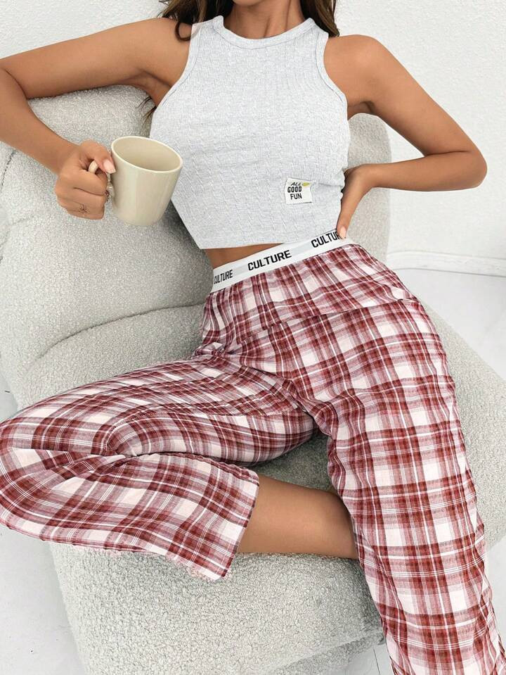 Letter Patched Tank Top & Plaid Pants PJ Set | SHEIN