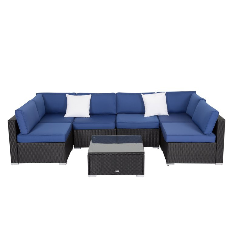 Kinbor 7pcs Outdoor Patio Furniture Set for 6 Sectional Pe Wicker Rattan Sofa Set Dark Blue | Walmart (US)