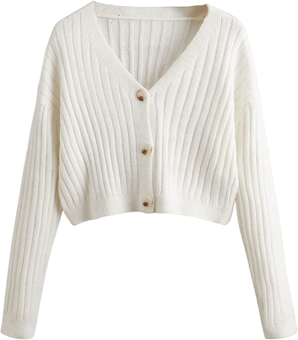 SweatyRocks Women's Long Sleeve Plaid Button Front V Neck Soft Knit Cardigan Sweaters | Amazon (US)