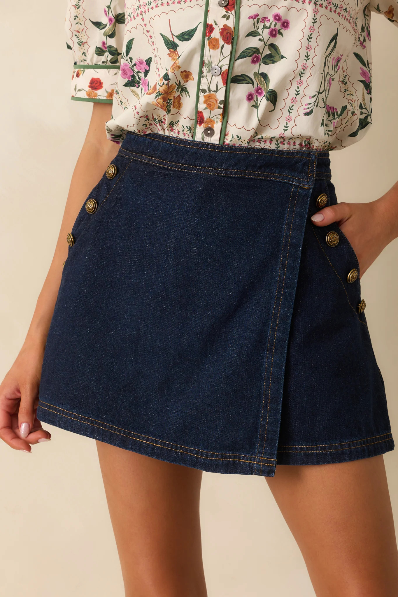 Never Looked Better Dark Wash Cotton Denim Mini Wrap Skort | Red Dress