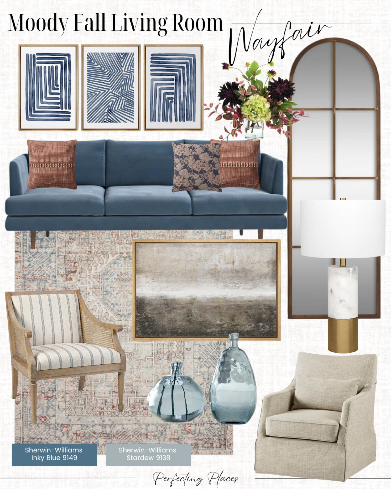 Want a cozy, moody update for your living room? The cozy living room decor ideas from Wayfair in this curated design board will add warmth and character to your room. Moody blue sofa, farmhouse chair, Martha Stewart swivel chair, marvel and brass lamp, Chris Love Julia area rug, arched mirror 

#LTKStyleTip #LTKHome