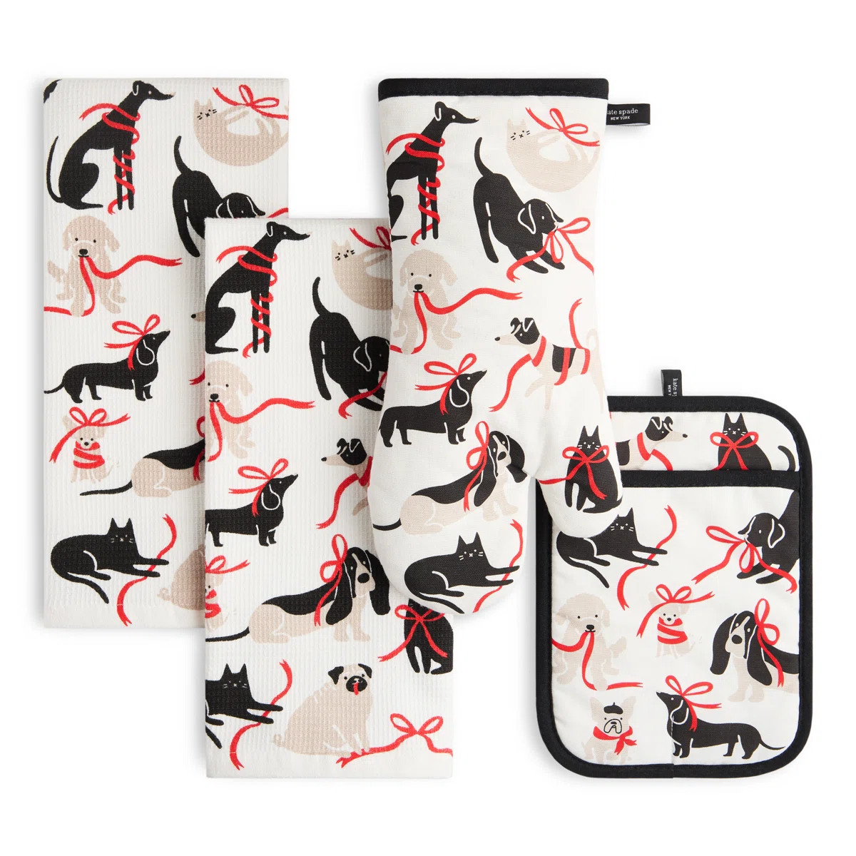 KATE SPADE NEW YORK Holiday Pets Kitchen Towel, Oven Mitt & Pot Holder 4-Pack Set, Black/White/Re... | Wayfair North America