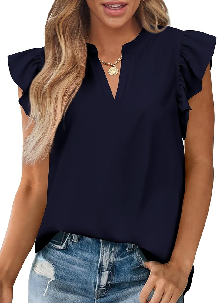 Zenlonr Womens Summer Tops 2024 Casual V Neck Ruffle Cap Sleeve Blouse Shirts Solid Color Tunic T... | Amazon (US)