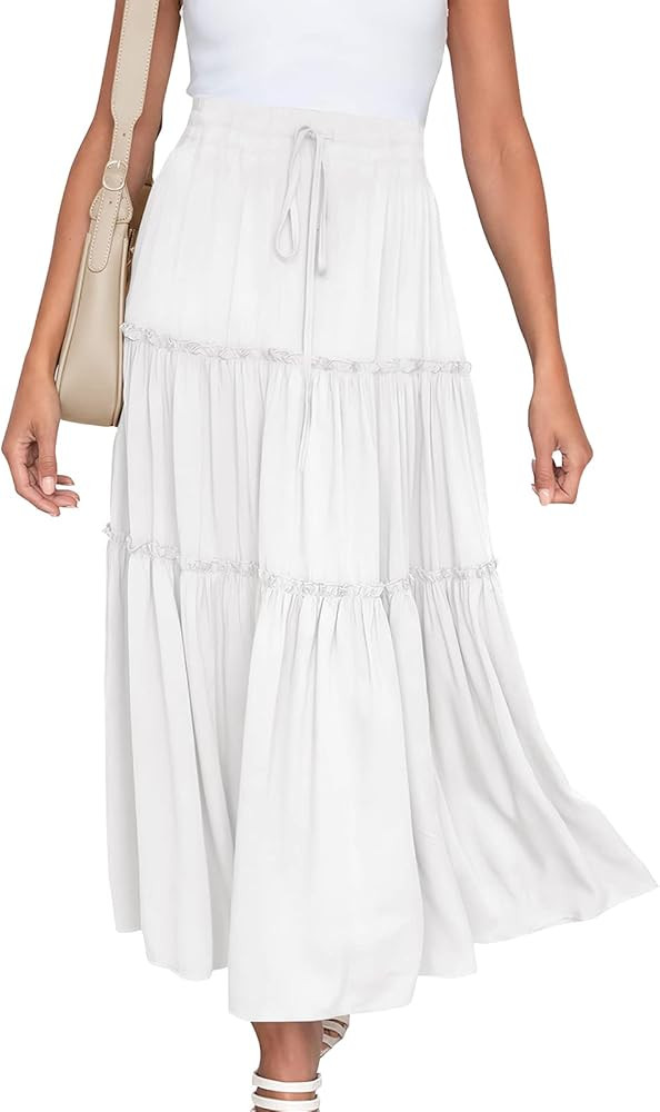 NASHALYLY Skirts for Women Boho Elastic Waisted Drawstring Swing Ruched 3 Tiered Maxi Skirt with ... | Amazon (US)