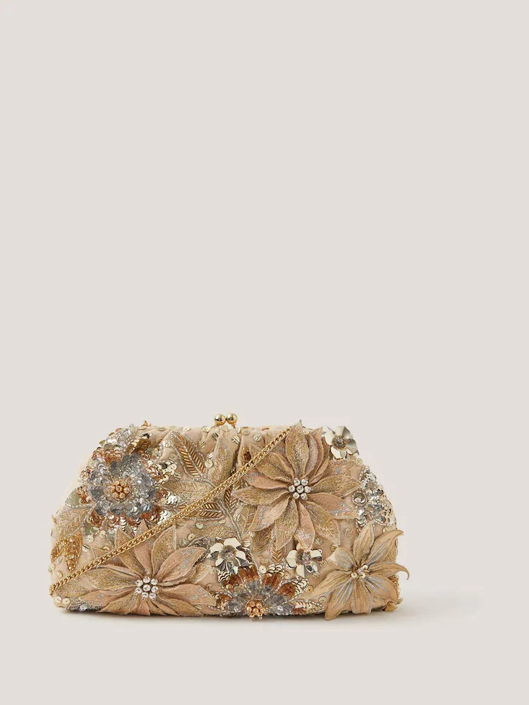 Monsoon Gold Bloom Floral Embellished Clutch Bag | Next US