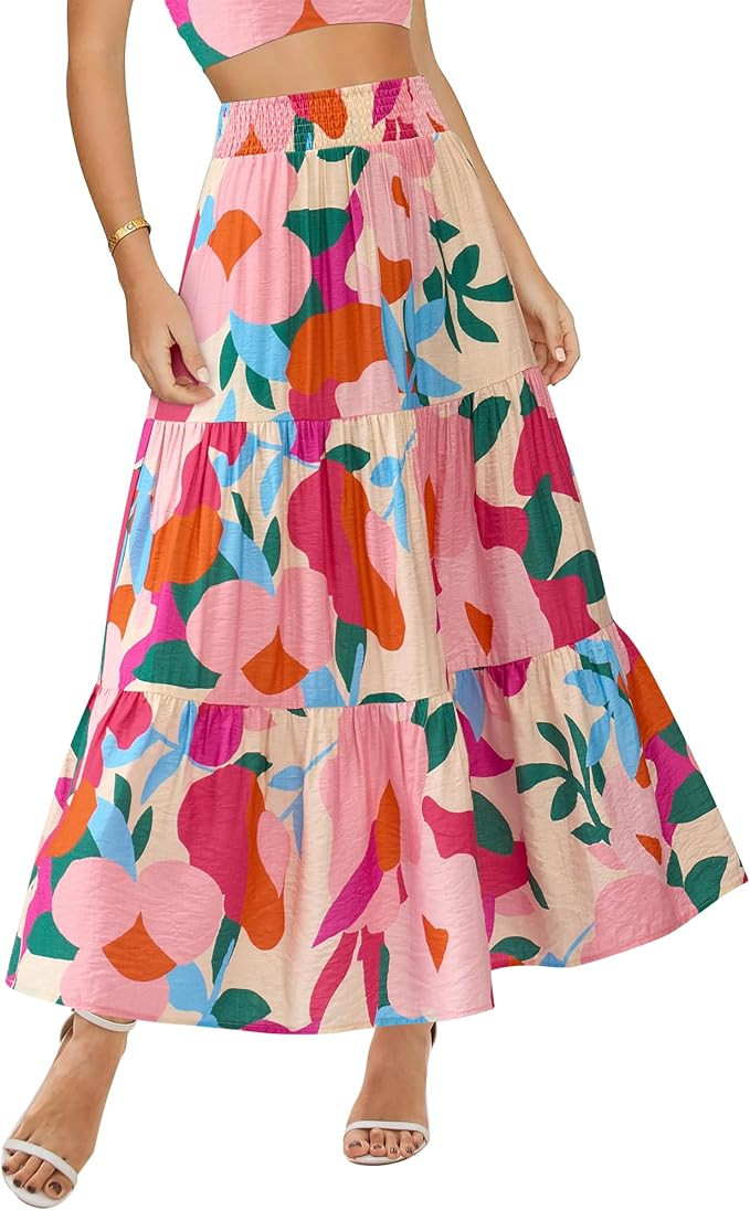 BTFBM Women's Floral Print Midi Maxi Skirts 2025 Summer Casual Aline Elastic High Waist Pleated F... | Amazon (US)