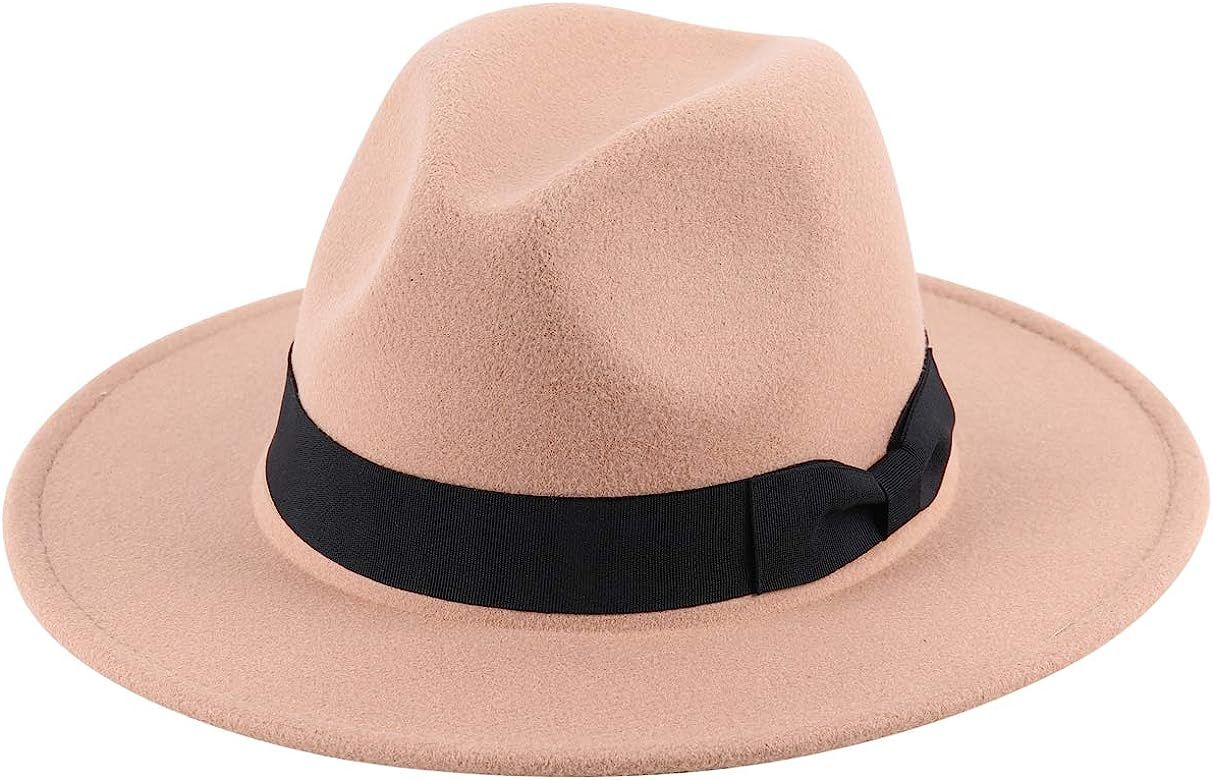 Lanzom Womens Classic Wide Brim Floppy Panama Hat Belt Buckle Wool Fedora Hat | Amazon (US)