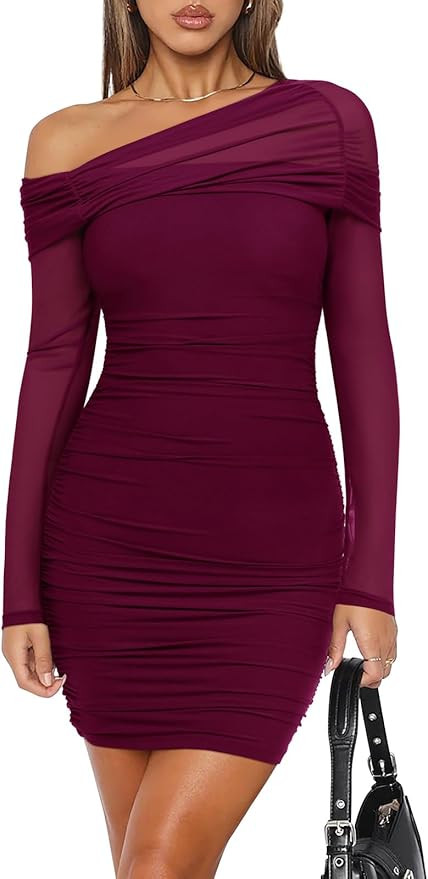 REORIA Women's Sexy Off Shoulder Long Sleeve Ruched Bodycon Mini Dress Mesh Sheer Cocktail Club P... | Amazon (US)