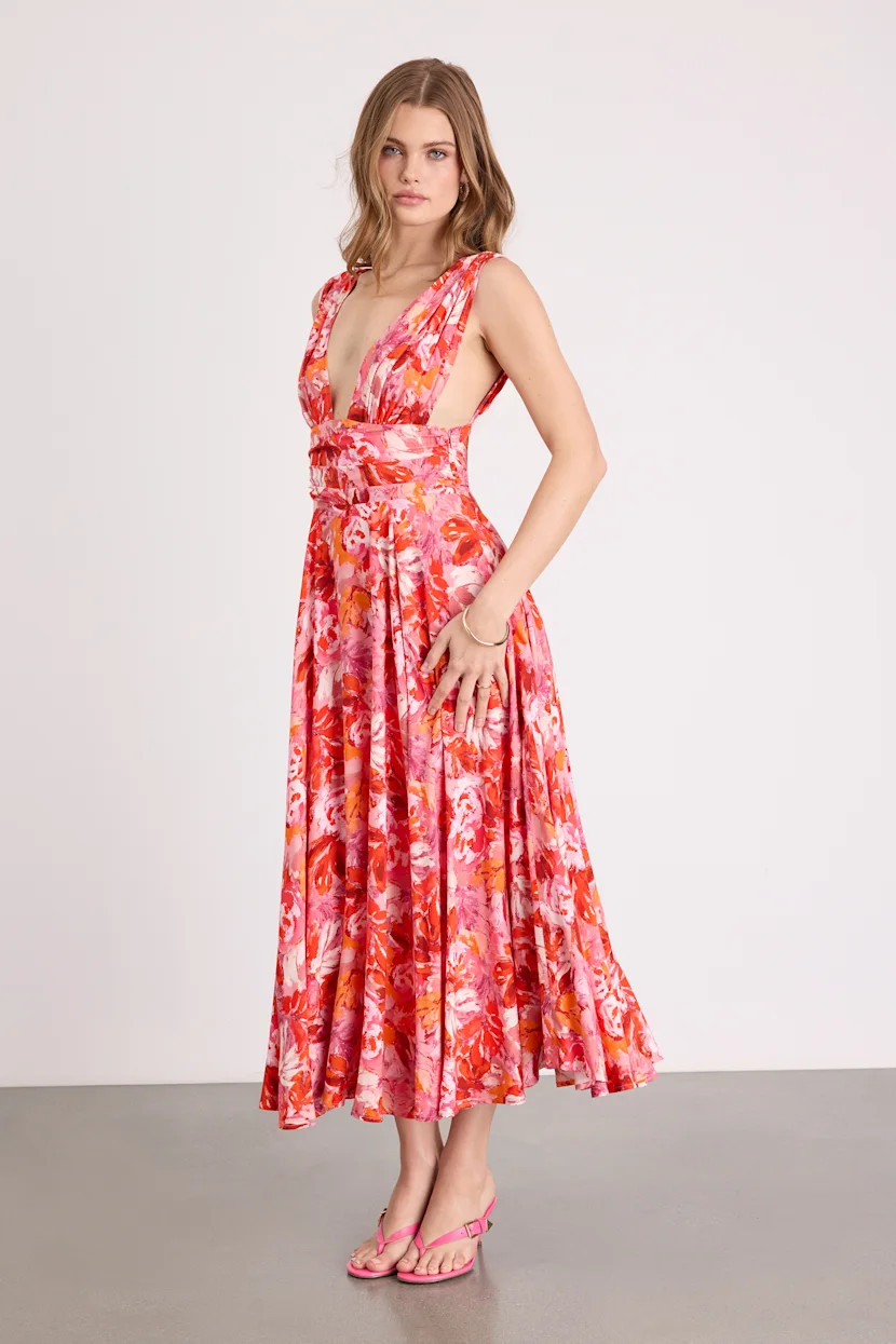 Jaden Pink Multi Abstract Sleeveless Midi Dress | spring floral dress  | Lulus
