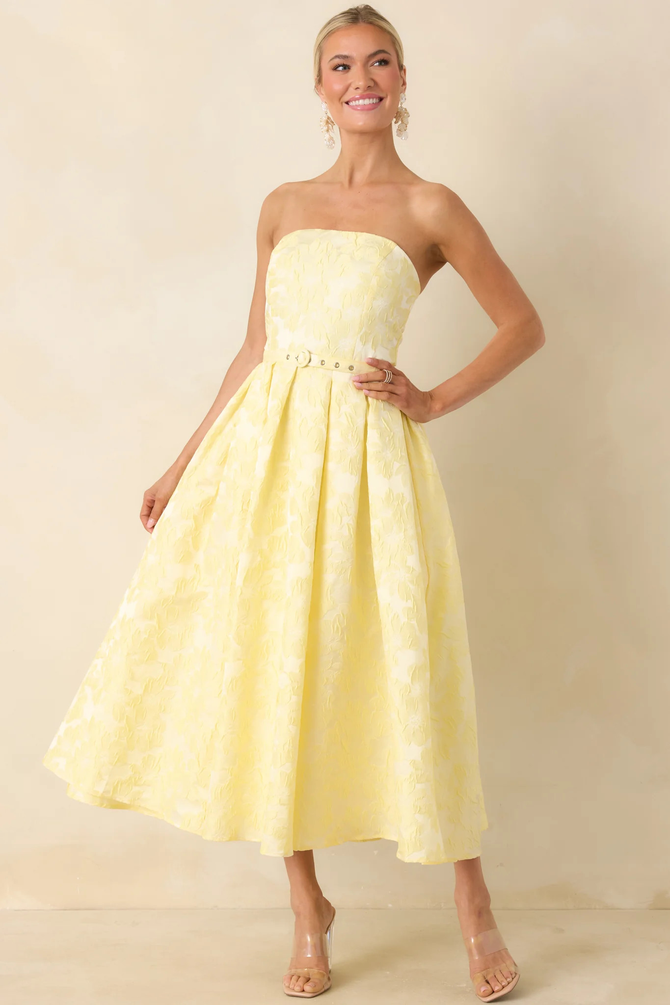Radiating Joy Yellow Floral Jacquard Strapless Midi Dress | Red Dress