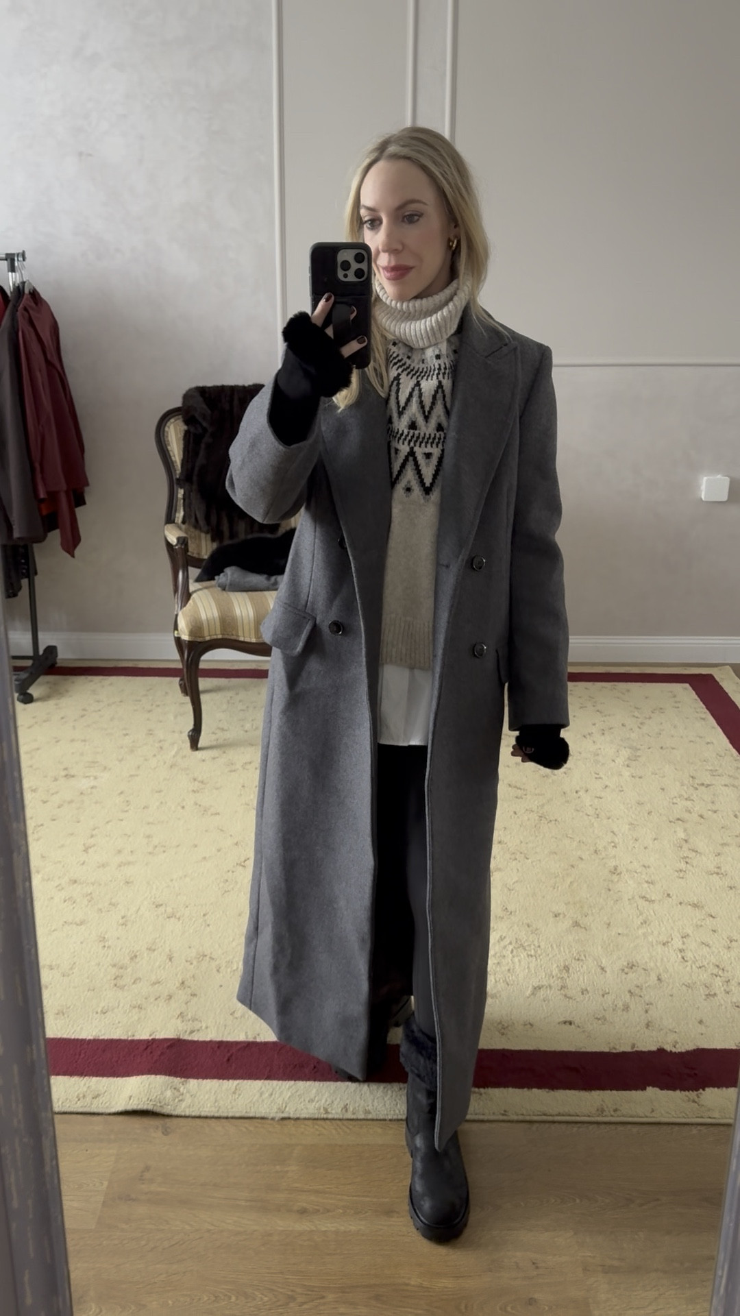 Long gray coat with fair isle sweater, faux leather leggings, fur lined winter boots (under $70!)

#LTKSeasonal #LTKFindsUnder100 #LTKWatchNow