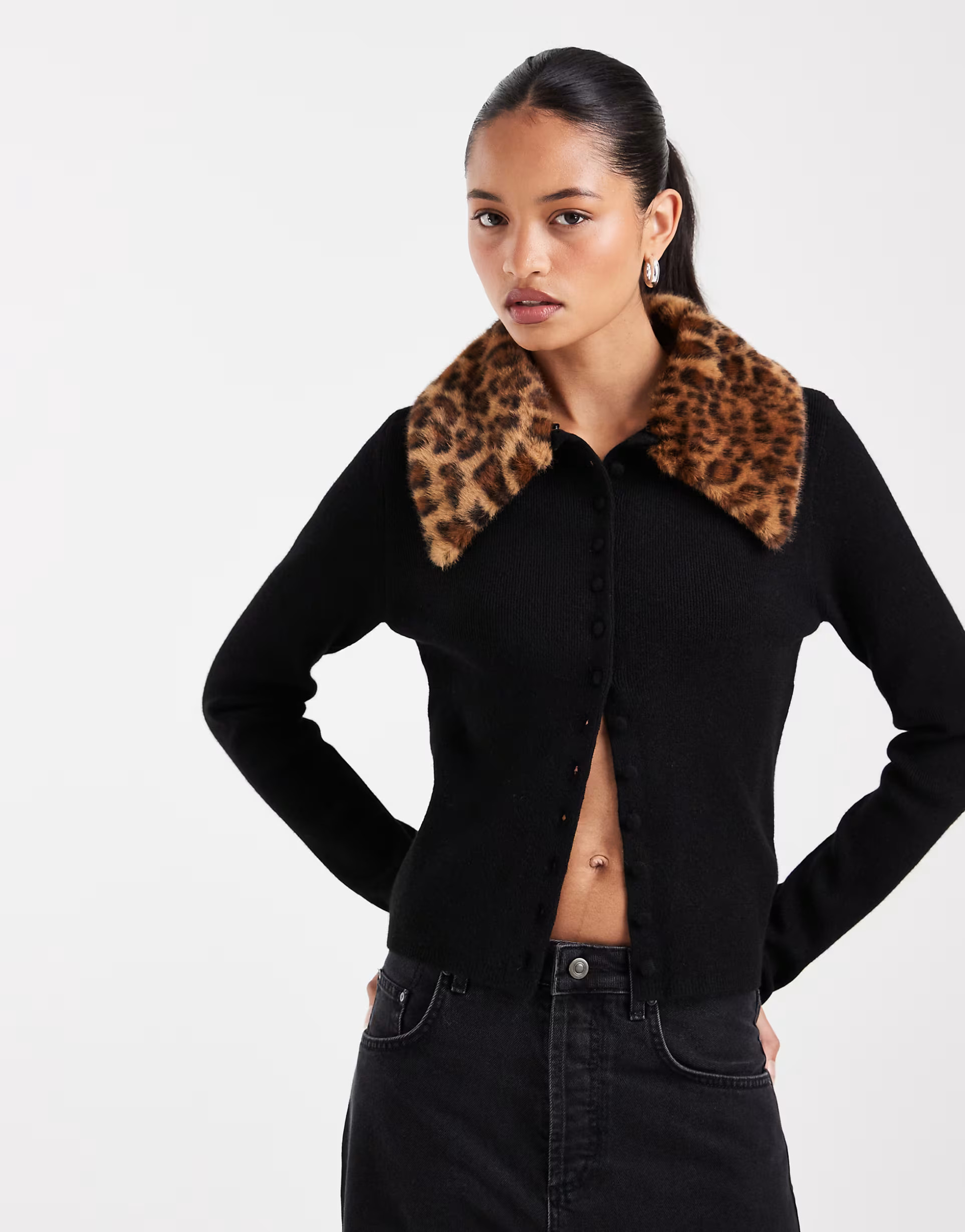 ASOS DESIGN faux fur collar cardigan in black | ASOS (Global)