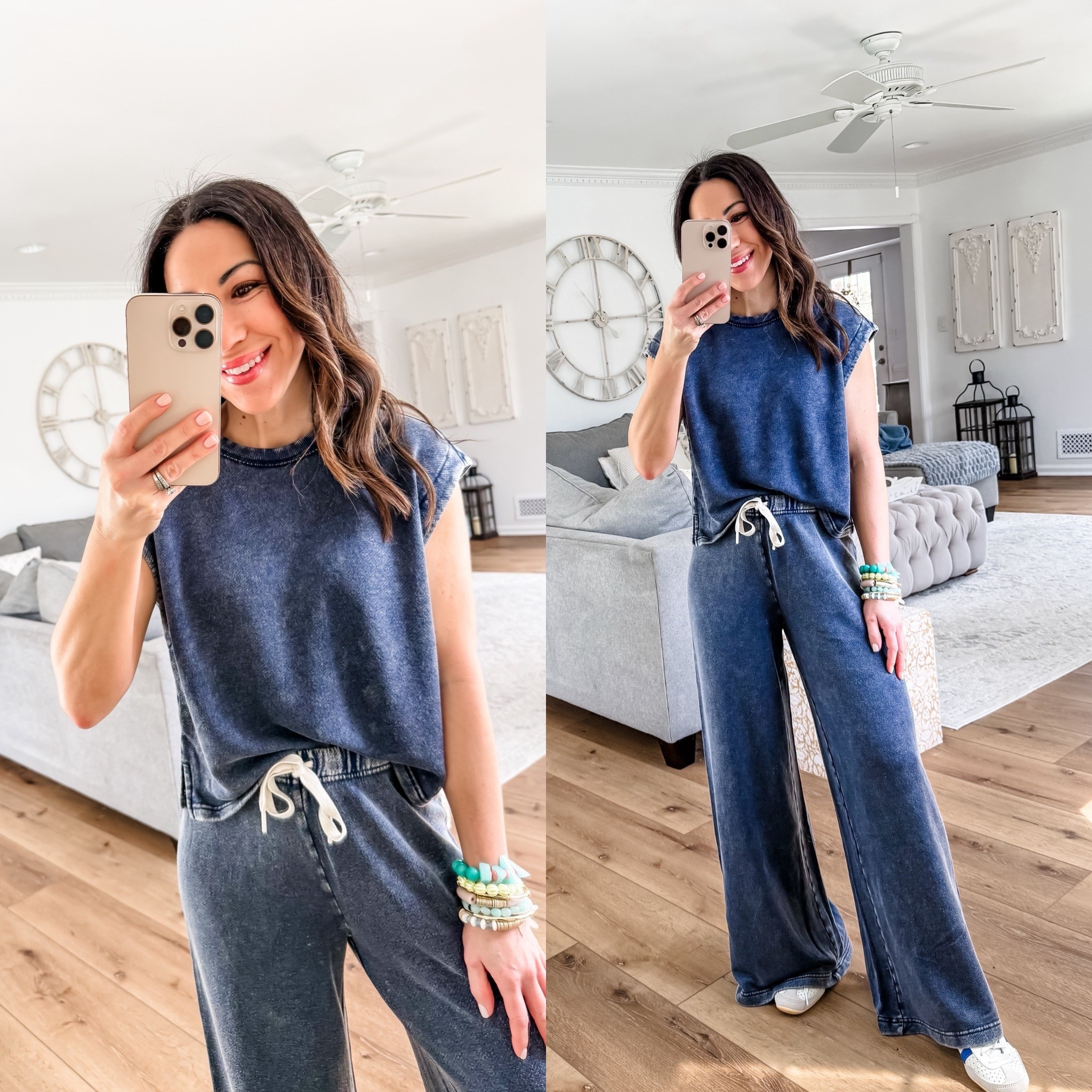 Jewelry code HOUSEOFLEO20. Wide leg pants small short joggers, XS short. Graphic sweatshirt XS. Crewneck small. Tank Xs. Sandals TTS. Sneaker size down. 



#LTKPetite #LTKOver40 #LTKSaleAlert