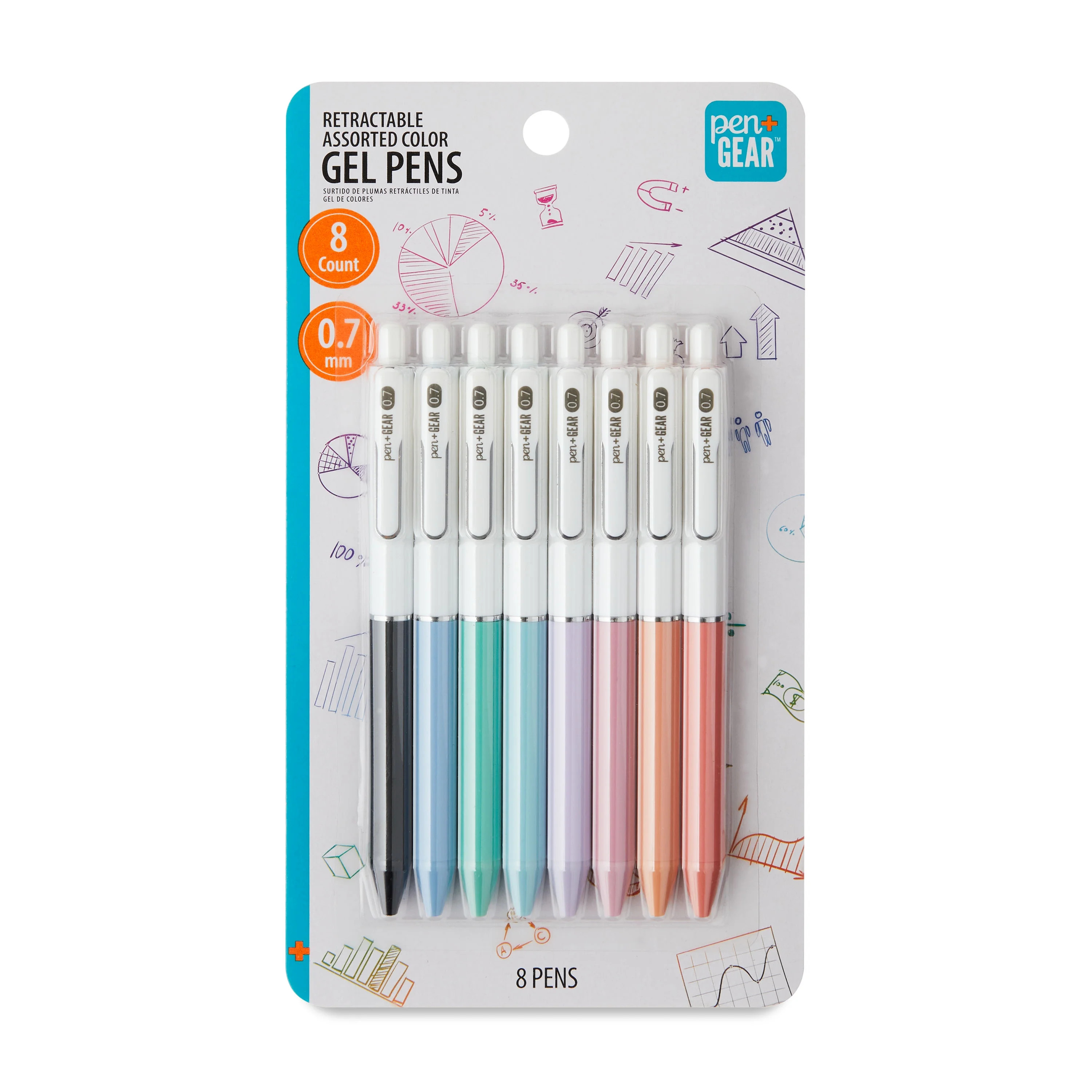 Pen+Gear Retractable Gel Pen, 0.7 mm Bullet Tip, Assorted Colors, 8 Count (Adult) | Walmart (US)