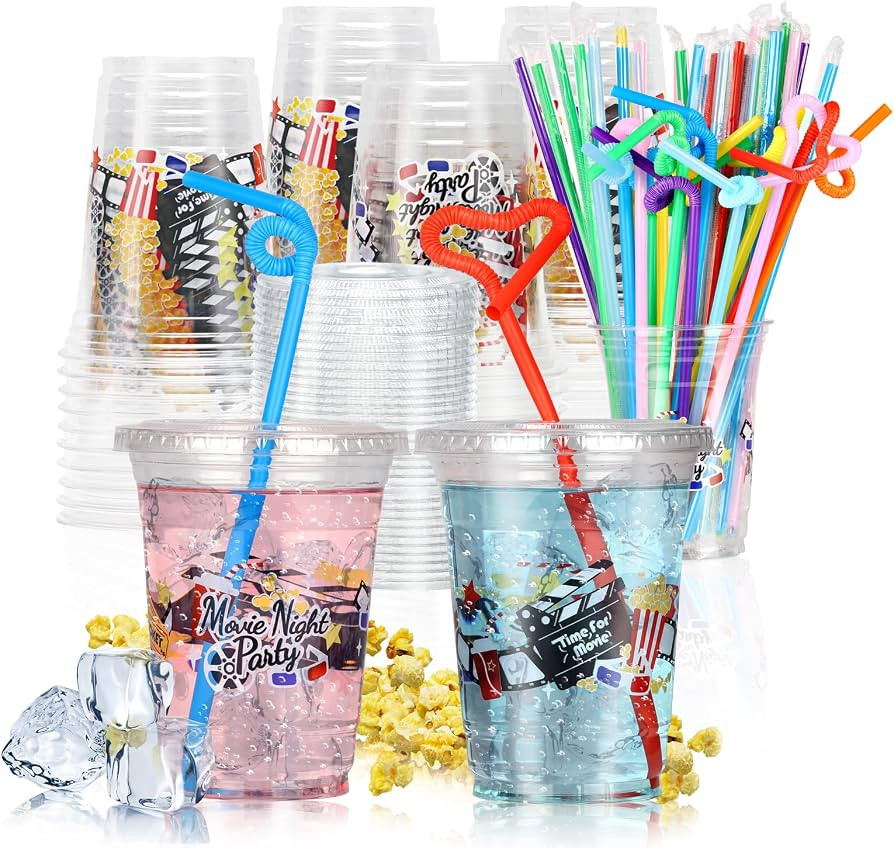 16 oz Movie Night Party Cups with Lids and Straws Clear Plastic Party Favor Cups for Snack Trays ... | Amazon (US)