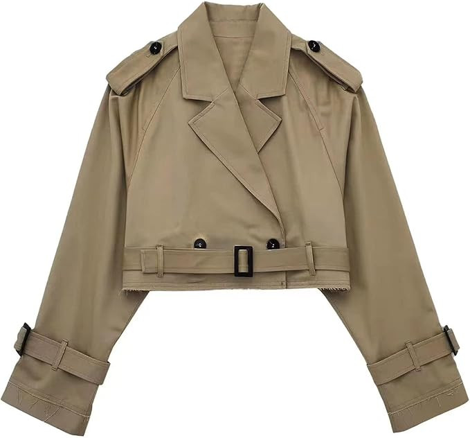Perbai Women's Casual Lapel Double Breasted Trench Jacket Cropped Pea Coat Outwear with Belt | Amazon (US)