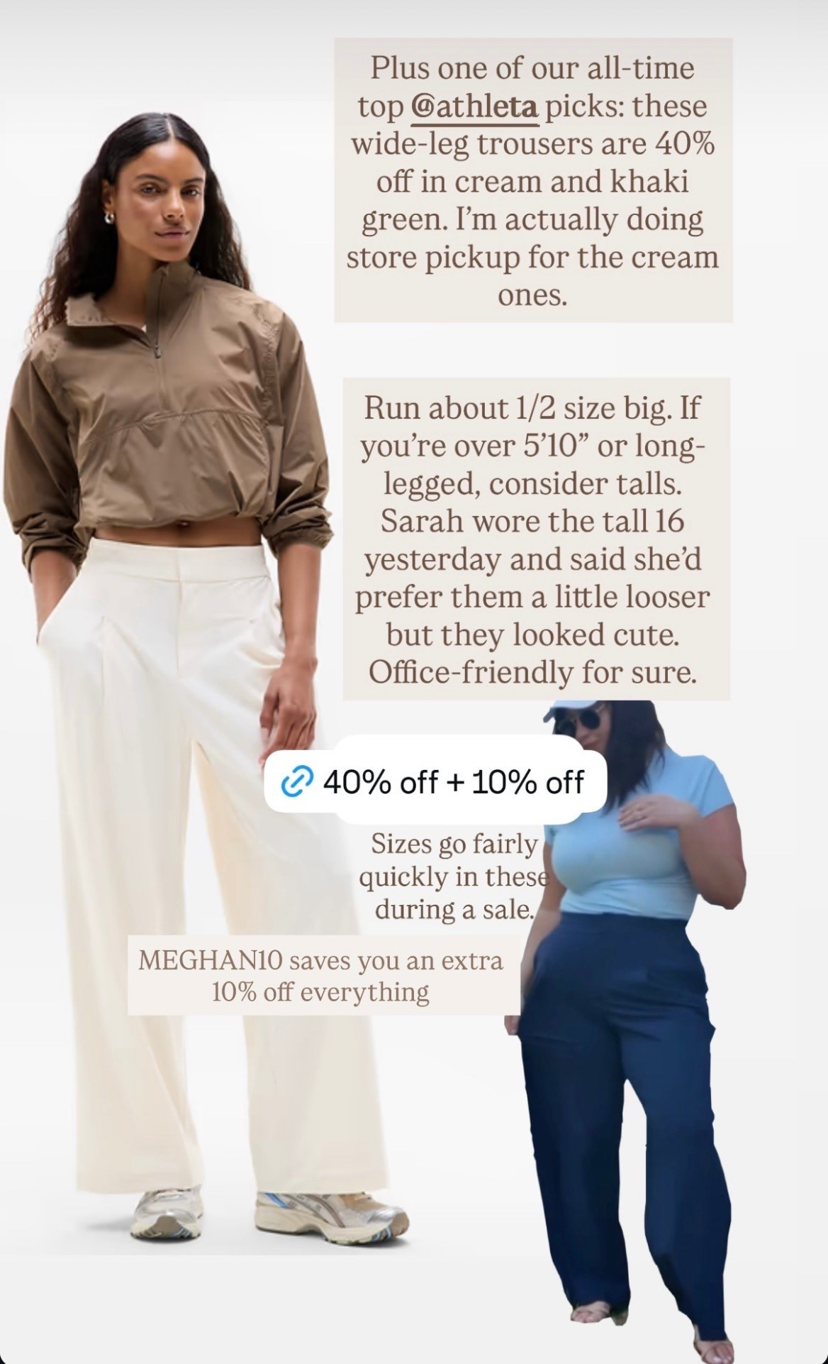 One of our all-time favorite Athleta picks is 40% off: The Pinnacle Wide-Leg Trouser in cream and khaki green. Runs about a 1/2-size large — if you’re over 5’10” or long-legged, consider tall sizing. For reference, I (Sarah) got a 16 tall, and they fit but I’d prefer a little looser. Extra 10% off with code MEGHAN10.

#LTKSaleAlert #LTKMidsize #LTKTall