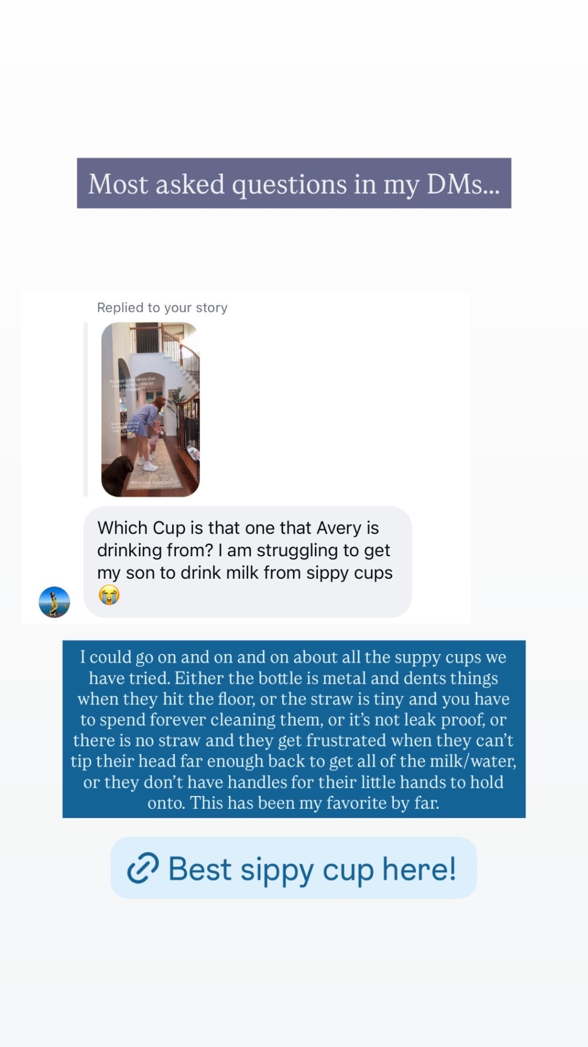 Most asked questions in my DMs….. I could go on and on and on about all the suppy cups we have tried. Either the bottle is metal and dents things when they hit the floor, or the straw is tiny and you have to spend forever cleaning them, or it’s not leak proof, or there is no straw and they get frustrated when they can’t tip their head far enough back to get all of the milk/water, or they don’t have handles for their little hands to hold onto. This has been my favorite by far.