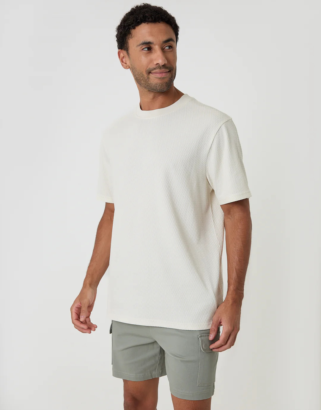 Relaxed Fit Textured Crew Neck T-Shirt in Ecru | Threadbare UK