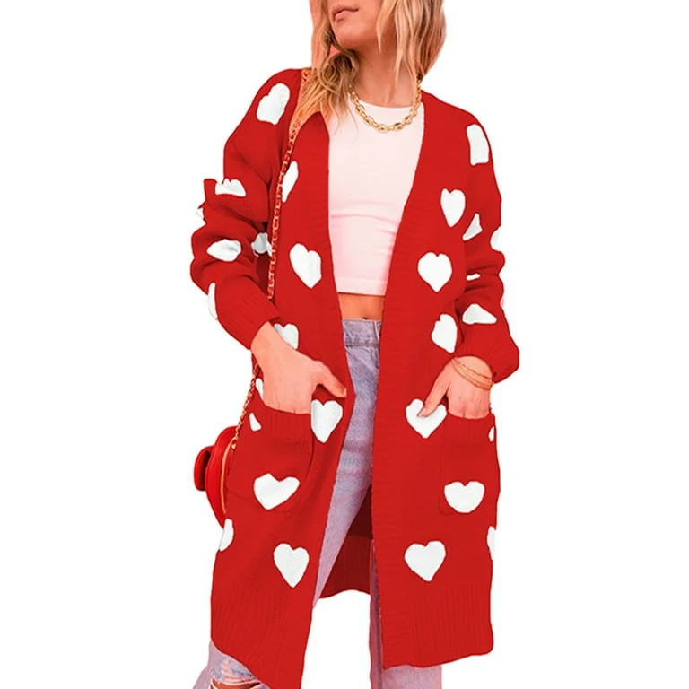 Douhoow Women Valentine Cardigan Sweaters Love Heart Print Open Front Cardigans Button Knitted Ou... | Walmart (US)
