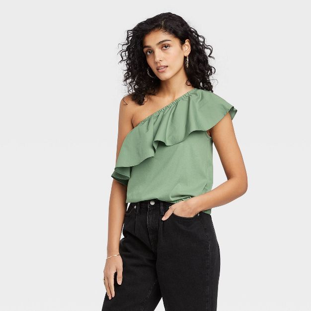 Women&#39;s One Shoulder Ruffle Top - A New Day&#8482; Olive Green L | Target