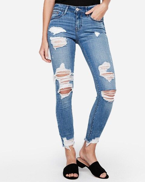 mid rise medium wash ripped ankle leggings | Express