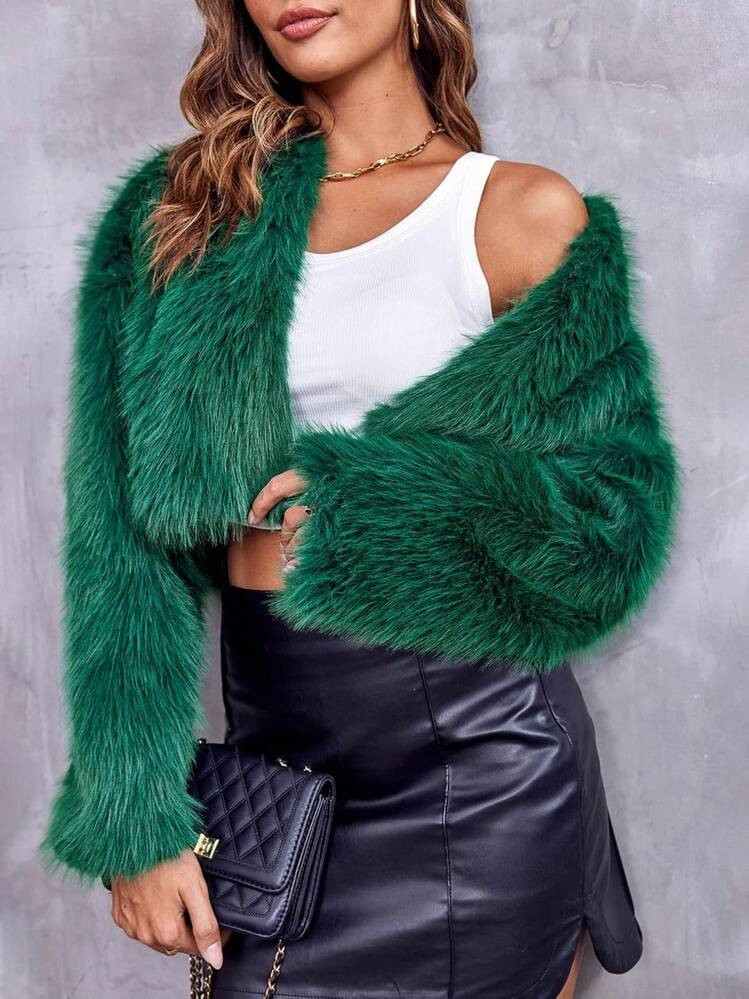 Women's Fluffy Faux Fur Crop Jacket, Shaggy Open Front Cardigan, Casual Warm Short Coat For Party Or Streetwear | SHEIN