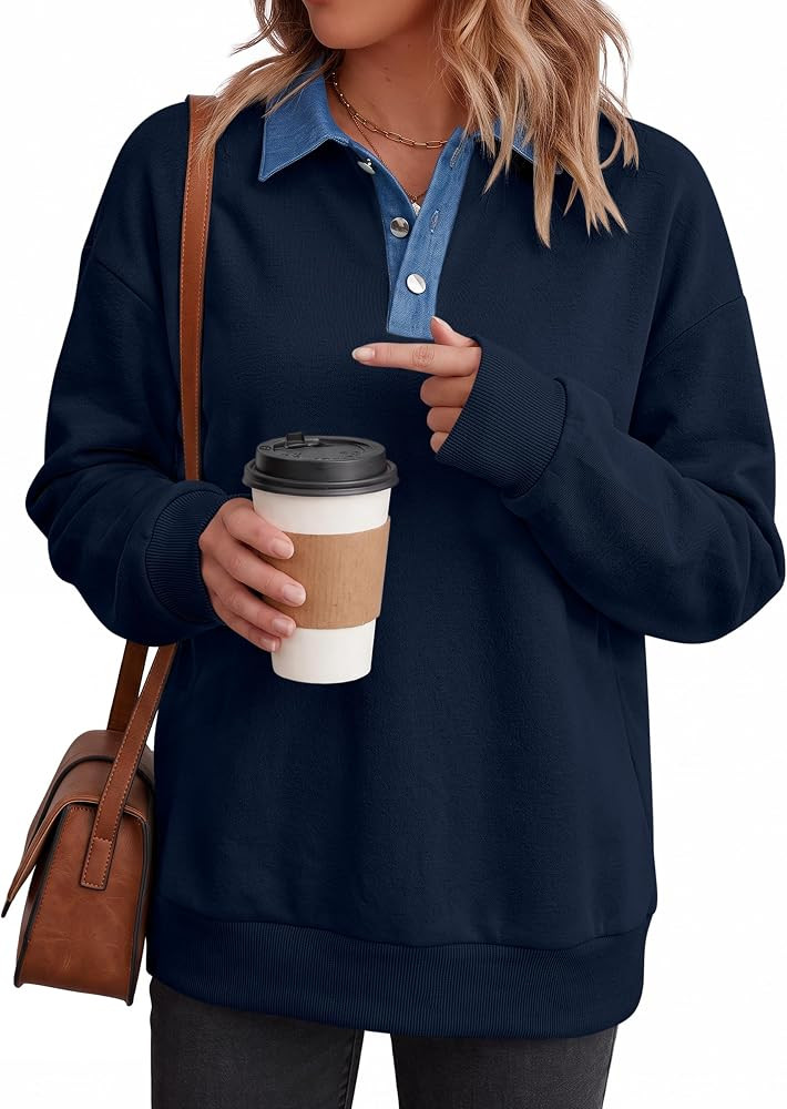 ANRABESS Sweatshirt for Women Button Up Denim Collared Pullover Henley Top | Amazon (US)
