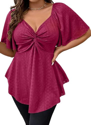 Eytino Womens Plus Size Peplum Tops Short Sleeve V Neck Twist Shirts Eyelet Embroidery Summer Fashion Clothes,5X Bright Pink | Amazon (US)