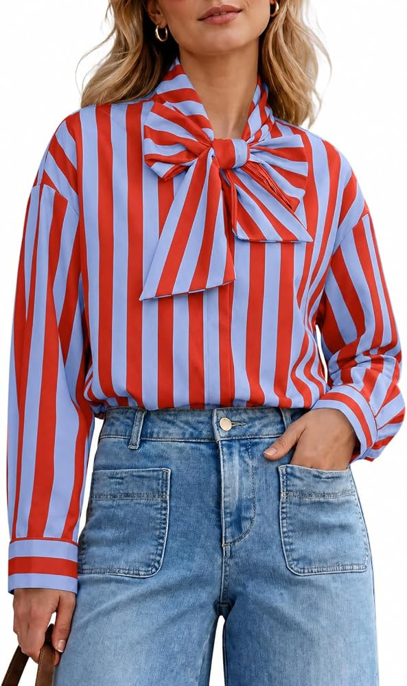 Tankaneo Womens Striped Button Down Shirts Bow Tie Neck Long Sleeve Tops | Amazon (US)