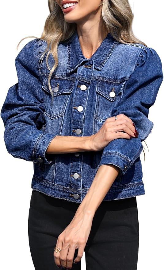 Womens Puff Sleeve Denim Jacket Cropped Button Down Jean Jacket Blue Trendy Western Denim Jacket | Amazon (US)