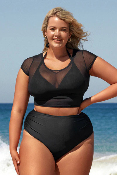 Night Blossom Mesh Top Triangle & High Waist Plus Size Bikini Set | Cupshe US