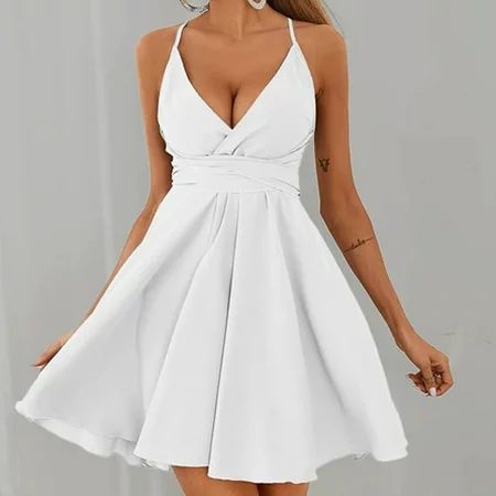 Dasayo White A Line Dresses for Women Fashion Women Ruffle Sleeveless Solid Color Bandage Casual V-N | Walmart (US)