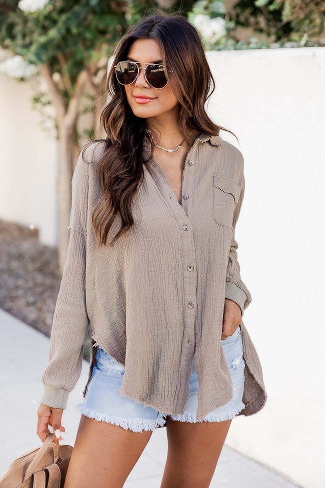 Let Me Adore You Dusty Olive Button Front Gauze Blouse | Pink Lily