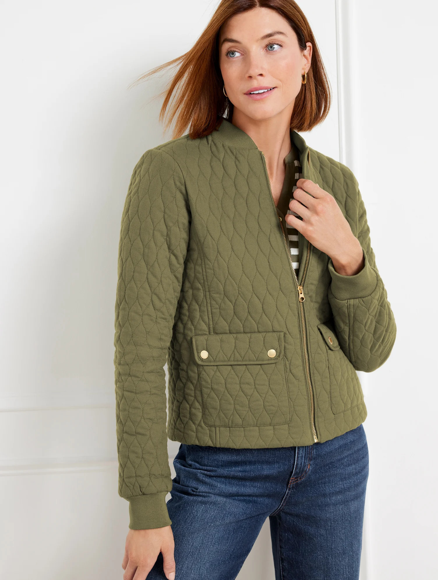 Quilted Bomber Jacket - Burnt Olive - Large - 100% Cotton Talbots | Talbots