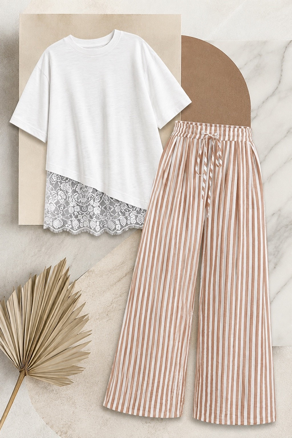 The easiest elevated everyday outfit 🤍✨
This white lace-trim tee + flowy striped pants combo is giving effortless, comfy & chic. The neutral tones make it SO easy to accessorize and dress up or down! 🤎