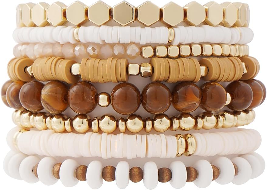 GOOJIDS Surfer Heishi Clay Bead Bracelets for Women Bohemian Stackable Gold Beaded Stretch Bracel... | Amazon (US)