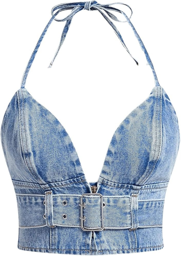 MakeMeChic Women's Halter Denim Top Tie Backless Buckle Cowgirls Jean Tank Crop Tops | Amazon (US)