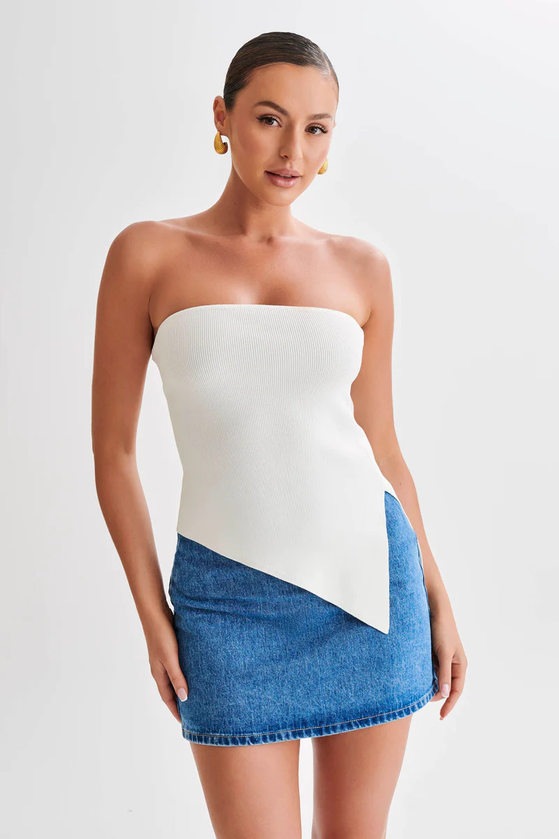 Sidney Asymmetrical Strapless Knit Top - White | MESHKI US